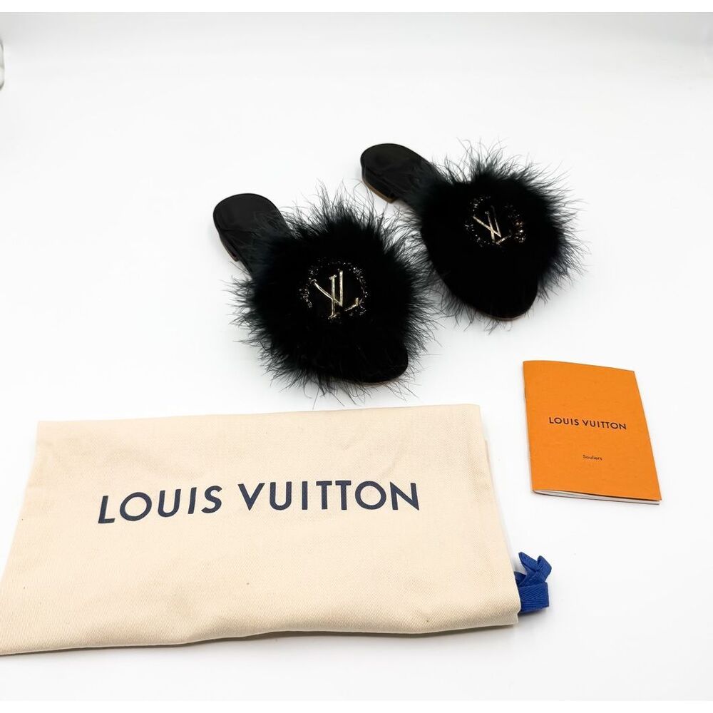 Louis Vuitton Black Fur Slide Sandals LV Logo Mink Feather Crystal Mule Slides 3